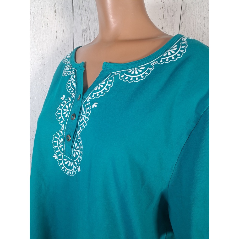 Liz &‎ Me Womens 1X 18/20W Teal Henley Top White Embroidered Short Sleeve Cotton